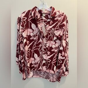 Magaschoni Linen Relax Fit Shirt Women size Small Burgundy Ivory Floral NWT